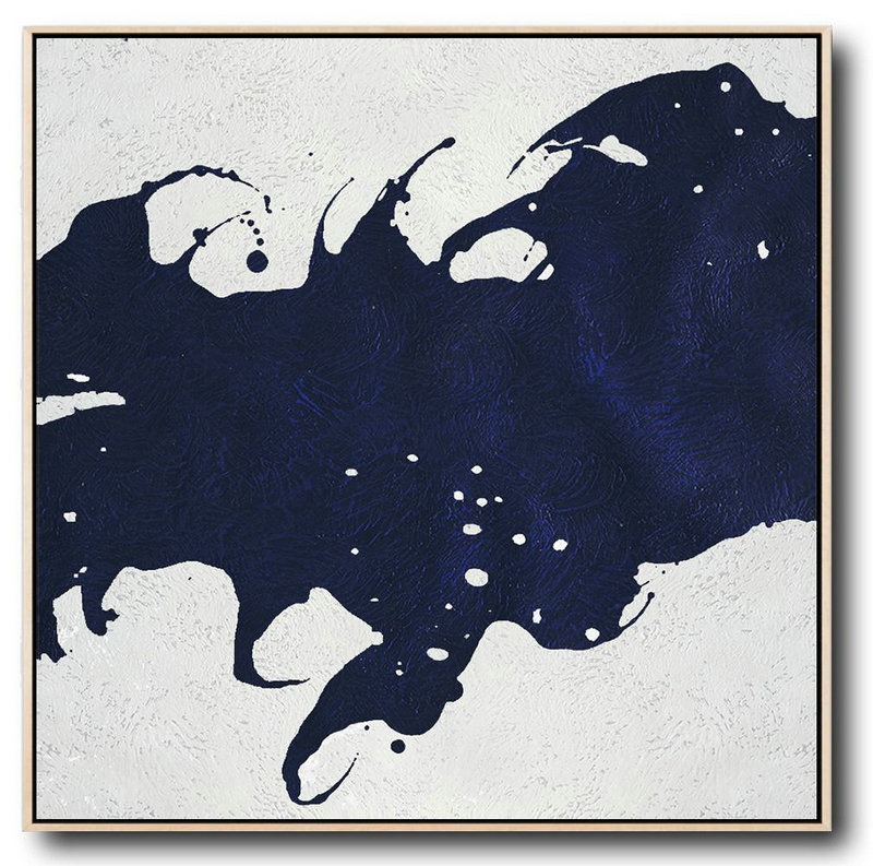 Original Abstract Painting Extra Large Canvas Art,Minimalist Navy Blue And White Painting,Custom Canvas Wall Art